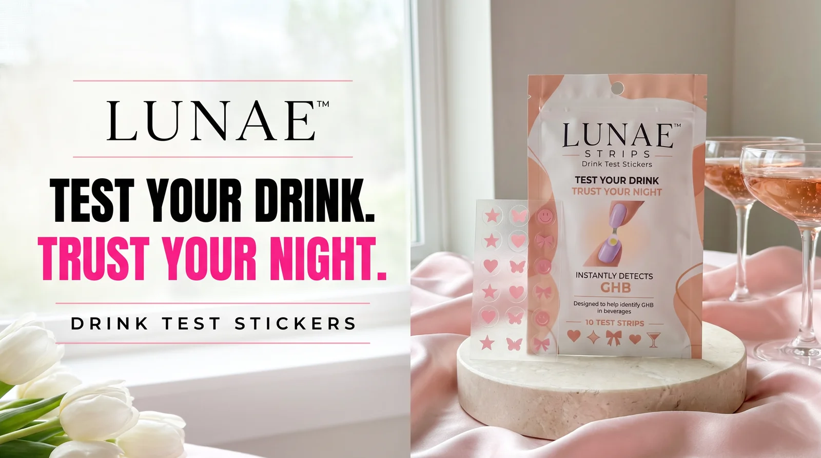 LUNAE. TEST YOUR DRINK. TRUST YOUR NIGHT. DRINK TEST STICKERS